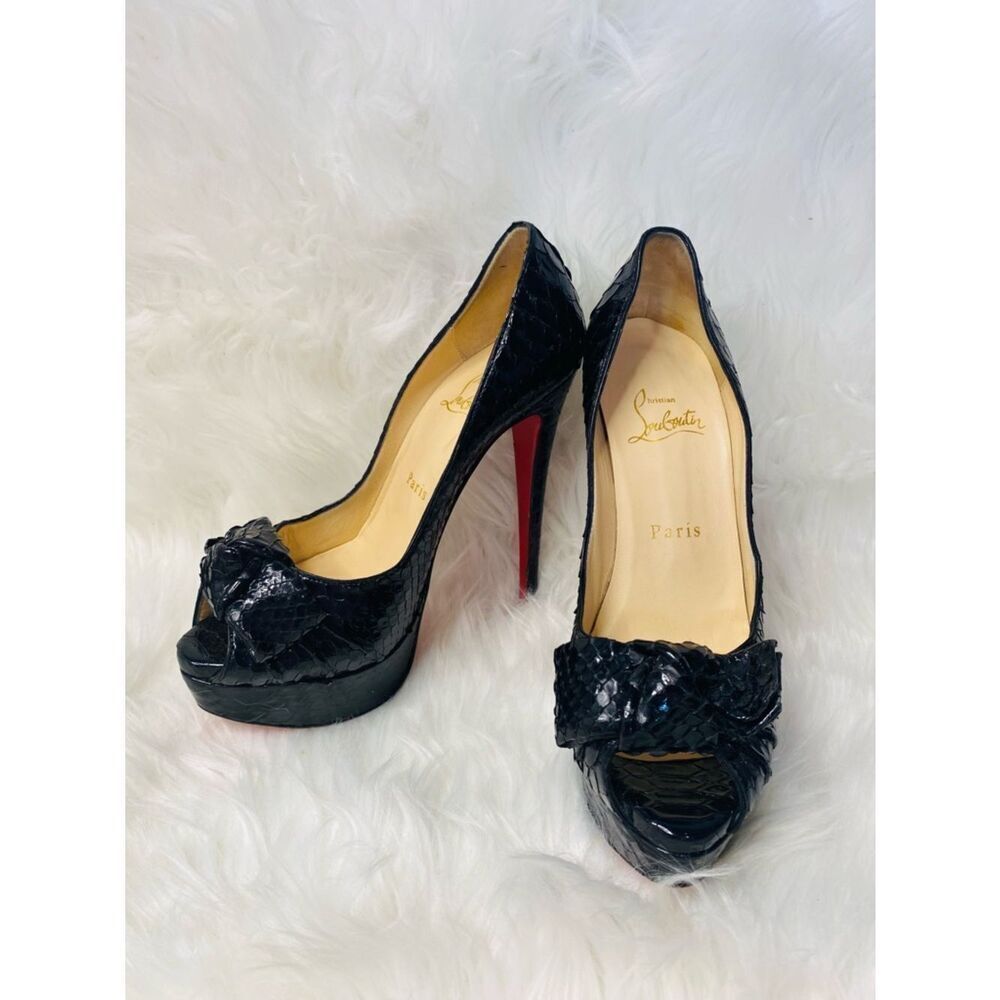 Christian Louboutin Black Python Madame Butterfly Peep Toe Heels. Authentic.